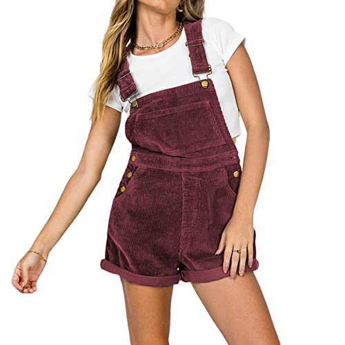 Mugoebu Damen Cord Shorts Latzhose Verstellbare Träger Baggy Lätzchen Cord Shorts Strampler Lässige kurze Hose mit aufgerolltem Bund und Taschen (Wine Red, M) von Mugoebu