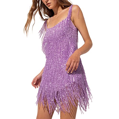 Mugoebu Damen Flapper Kleider 1920er Gatsby Pailletten Quasten Flapper Sexy Cocktail Latin Dance Ballroom Kleid Fransen Glitzerndes Partykleid (Purple, L) von Mugoebu