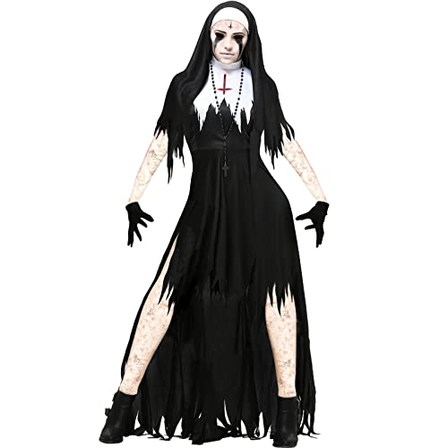 Mugoebu Damen Halloween Bloody Krankenschwester Kleid Kostüme Cosplay Krankenschwester Langarm Kleid und Hut gruselige Nonne Zombie Halloween Kostüm Kostüm (Black, Large) von Mugoebu