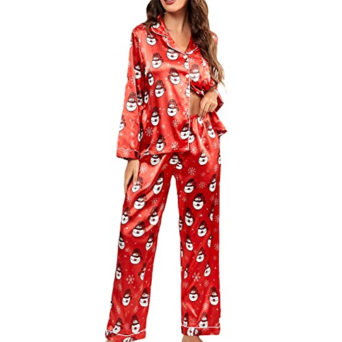 Mugoebu Damen Satin Pyjama Set Klassisch Button Down Weihnachten Loungewear Langarm Hirsche Druck Schlafanzug Premium Seide Pjs Set (Red , S ) von Mugoebu