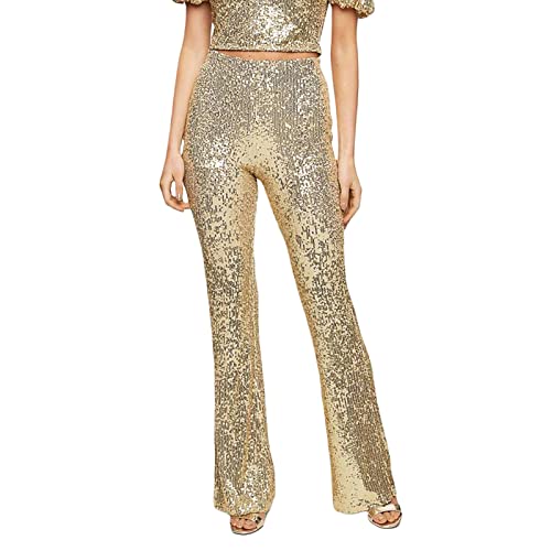 Mugoebu Damen Sexy Hohe Taille Pailletten Glitzernde Schlaghosen Schlank Weites Bein Glockenboden Glänzende Hosen Clubwear (Golden, L) von Mugoebu