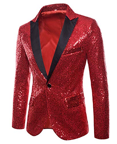 Mugoebu Herren Slim Fit Sakko Blazer Anzugjacke Freizeit EIN-Knopf Pailletten Glitter Anzug Jacke Karneval Kostüm für Hochzeit Party Festlich (Red, XL) von Mugoebu