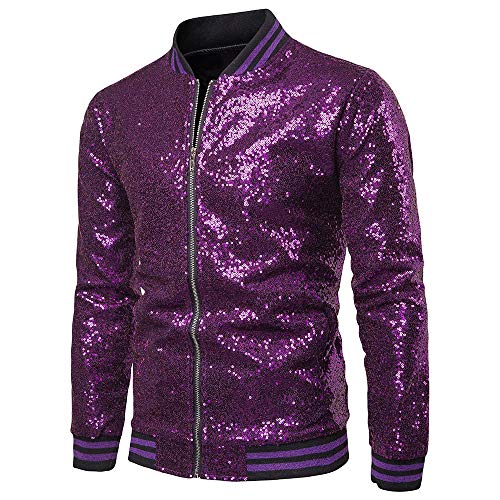 Mugoebu Herren Varsity Jacke Halloween Party Disco Shiny Sparkly Glitter Pailletten Bomberjacke Leicht glänzende Clubwear (Purple, X-Large) von Mugoebu