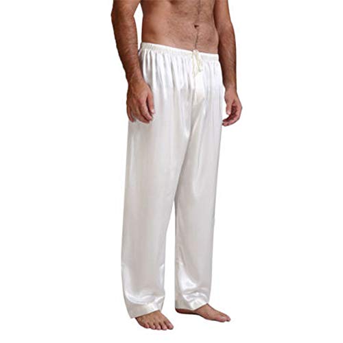 Mugoebu Lose Pyjamahose FüR MäNner Mit Hoher Taille Satin Seidenpyjamahose Schlafunterhose Elastischer GüRtel Kordelzug Pyjamahose Lange Freizeithose (Weiß, L) von Mugoebu