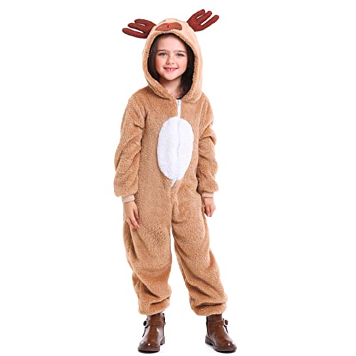 Mugoebu Weihnachten Rentier Kostüm, Elch Cosplay Onesie, Weihnachten Plüsch Kostüm, lange Ärmel Zip Up One Piece Jumpsuit Sleepwear für Kinder (Khaki Kid, 8-10 Years) von Mugoebu