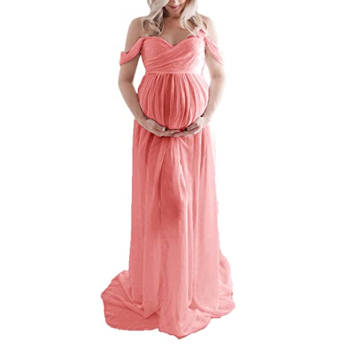 Mutterschaft Kleid für Fotografie solide Farbe Off-Shoulder Chiffon Kleid Front Split Lange Schwangerschaft Kleider für Fotoshooting (Dark Pink, Small) von Mugoebu