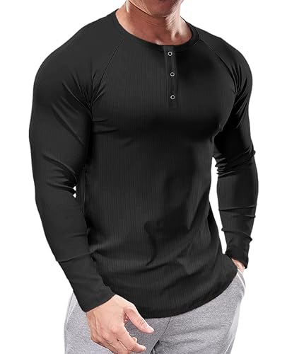 Muhshoiy Herren Henley-Shirt mit Langen Ärmeln,Stretch Langarm T-Shirt, Kurzarm Sommer Männer mit Knopfleiste/Schwarz/XL Muhshoiy Herren Henley-Shirt mit Langen Ärmeln,Stretch Langarm T-Shirt, Kurzarm Sommer Männer mit Knopfleiste/Schwarz/XL von Muhshoiy