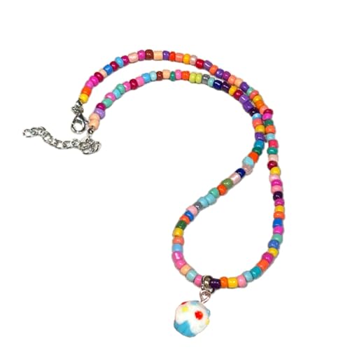 Halsketten für Frauen, böhmische Perlen, niedlicher Kuchenanhänger, farbige Rocailles, kurz, rosa, blau, Sommer-Reisperlen-Halskette, Schmuck, 40 cm, Harz von Mumuve