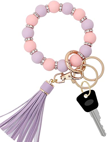 Silikon Schlüsselanhänger Armband für Frauen, elastische Perlen Wristlet Keychain Schlüsselhalter mit Zirkon & Quaste für Muttertag Geschenk, Hellrosa/Hellviolett, Einheitsgröße von Munchewy