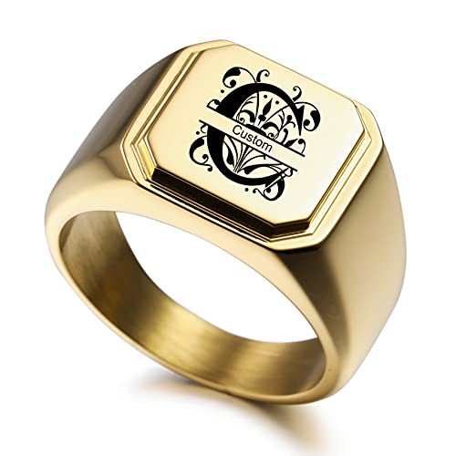 MunkiMix Gravierbarer Brief Signet Edelstahl Ringe mit Fett Initial Monogramm Stil Brief Text Namen Ring für Männer Frauen Paare Schmuck Geschenk (Gold 62) von MunkiMix