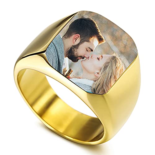 MunkiMix Personalisierter Edelstahl Siegelring Personalisierter Farbfoto für Männer Frauen Paare Beste Freunde mit Ringgrößenverstellung (Gold Farbe Größe 57) von MunkiMix