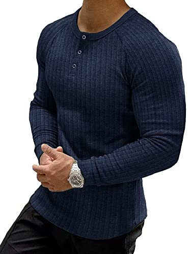 Muscle Cmdr Muscle Henley Shirt Herren Langarm, Slim-fit Langarmshirt, Freizeit T-Shirt aus Baumwolle mit Kurzen/Langen Ärmeln,Schlanke Passform Geripptes Hemd Navy Blau/L von Muscle Cmdr