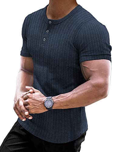 Muscle Cmdr Muscle Henley Shirt Herren Langarm, Slim-fit Langarmshirt, Freizeit T-Shirt aus Baumwolle mit Kurzen Ärmeln,Schlanke Passform Geripptes Hemd Blau/2XL von Muscle Cmdr