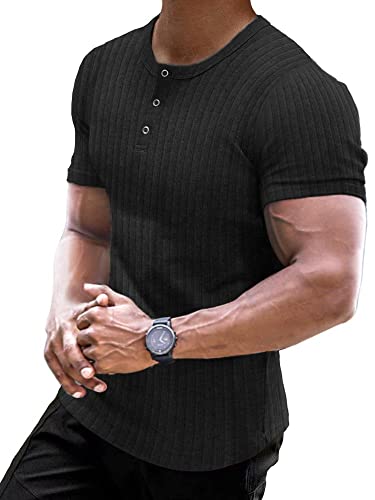 Muscle Cmdr Muscle Henley Shirt Herren Langarm, Slim-fit Langarmshirt, Freizeit T-Shirt aus Baumwolle mit Kurzen/Langen Ärmeln,Schlanke Passform Geripptes Hemd Schwarz/L von Muscle Cmdr