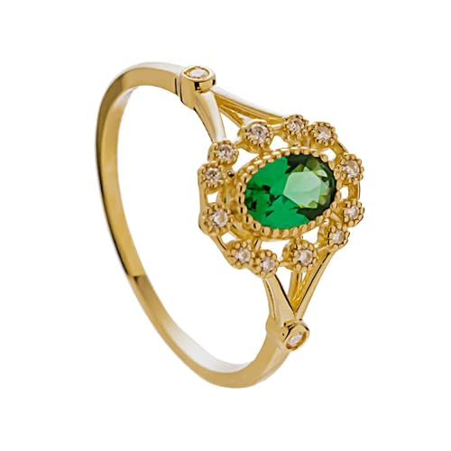 Musihy Damen Goldring 585 Echtgold, Vintage-Blume mit grünem ovalem Zirkonia-Ehering für Damen in 14 Karat Gelbgold, 14K Gelbgold, Größe 60 (19.1) von Musihy