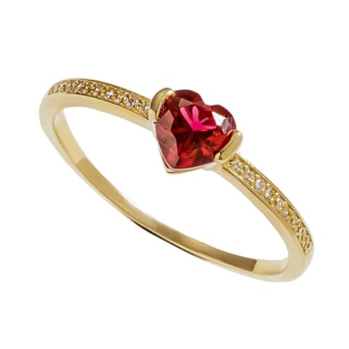 Musihy Damen Ringe, Versprechensring aus 14-karätigem Gelbgold mit herzförmigem rotem Zirkonia, 14K Gelbgold, Größe 52 (16.6) von Musihy