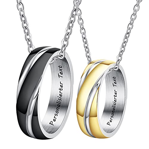 Musihy Paar Halsketten für Sie und Ihn mit Gravur Personalisiert Frei, Edelstahl Kette Anhänger Silber mit Helix Ring Schwarz 6MM Couple Necklace Men 60CM von Musihy