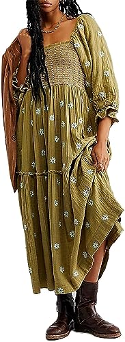 Damen Maxikleid Mit Herbstblumen-Stickerei Quadratischer Ausschnitt Laternenärmel Rüschenkleider Bohemian Stil Swing A-Linie Langes Kleid (L,Grün) von MuziZy