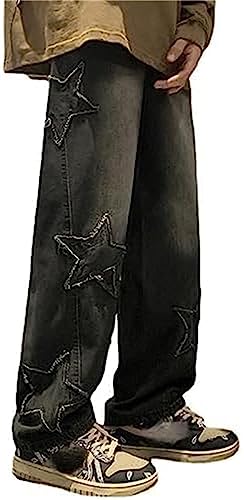 MuziZy Damen Vintage Star Patchwork Y2K Baggy Jeans Hoch Taillierte Hose Mit Geradem Bein Emo Grunge Denim Hose Mit Taschen (M,Schwarz) von MuziZy