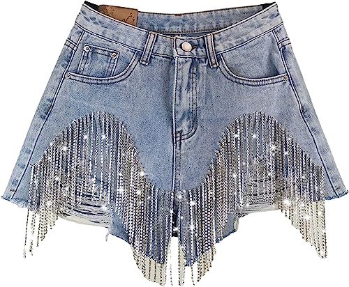 MuziZy Frauen Hoch Taille Strass Quaste Denim Kurze Hose Fransen Kette Lässig Jeans Zerfetzt Shor Clubwear (Blau,XL) von MuziZy