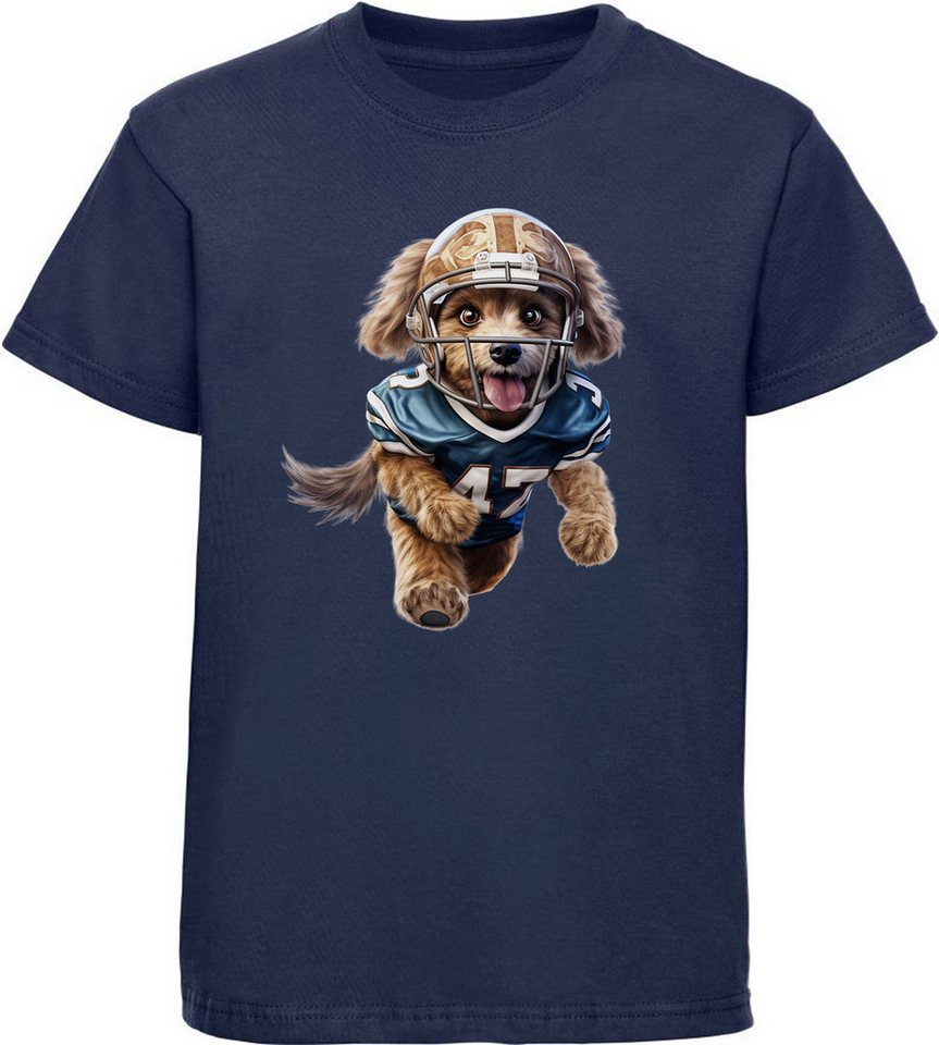 MyDesign24 T-Shirt Kinder Football Print Shirt Hund im American Football Dress Bedrucktes Jungen und Mädchen American Football T-Shirt, i498 von MyDesign24