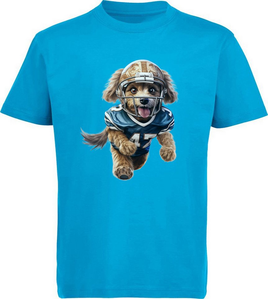 MyDesign24 T-Shirt Kinder Football Print Shirt Hund im American Football Dress Bedrucktes Jungen und Mädchen American Football T-Shirt, i498 von MyDesign24