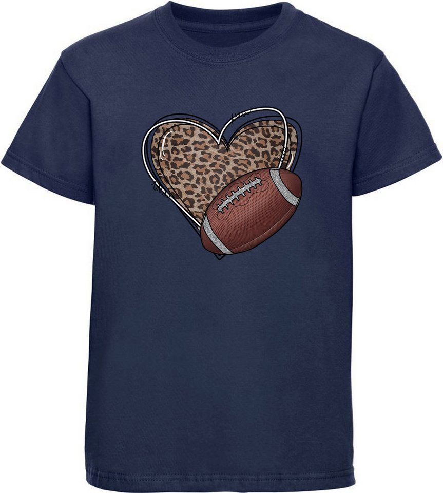 MyDesign24 T-Shirt Kinder Football Shirt Herz in Leoparden Muster mit American Football Bedrucktes Jungen und Mädchen American Football T-Shirt, i490 von MyDesign24