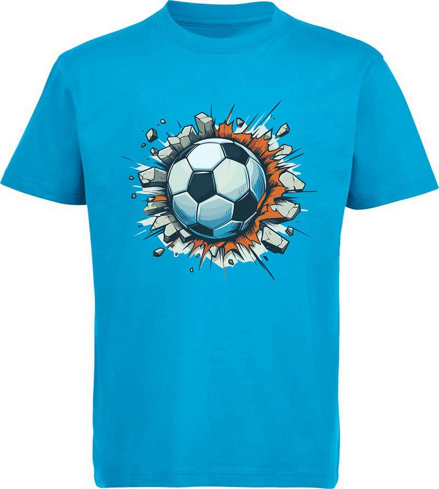 MyDesign24 T-Shirt Kinder Fussball Print Shirt - Fussball der durch Wand fliegt Bedrucktes Jungen und Mädchen Fussball T-Shirt, i483 von MyDesign24