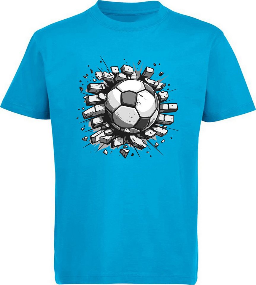 MyDesign24 T-Shirt Kinder Fussball Print Shirt - Fussball der in Wand steckt Bedrucktes Jungen und Mädchen Fussball T-Shirt, i481 von MyDesign24