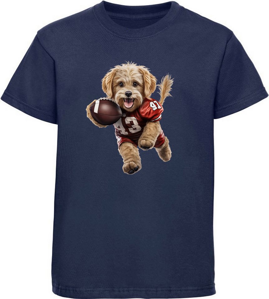 MyDesign24 T-Shirt Kinder Print Shirt Hund im American Football Dress Bedrucktes Jungen und Mädchen American Football T-Shirt, i499 von MyDesign24