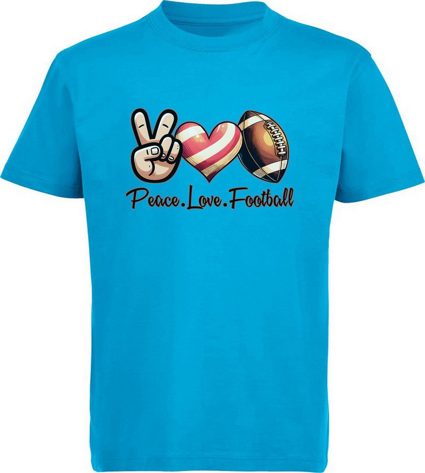 MyDesign24 T-Shirt Kinder Print Shirt Peace, Love and American Football print Bedrucktes Jungen und Mädchen American Football T-Shirt, i508 von MyDesign24