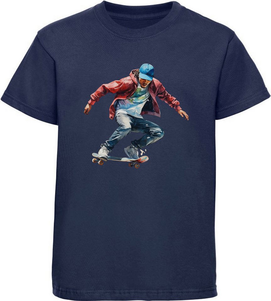 MyDesign24 T-Shirt Kinder Print Shirt Springende Skateboarder in Ölfarbenoptik Bedrucktes Jungen und Mädchen Skater T-Shirt, i554 von MyDesign24