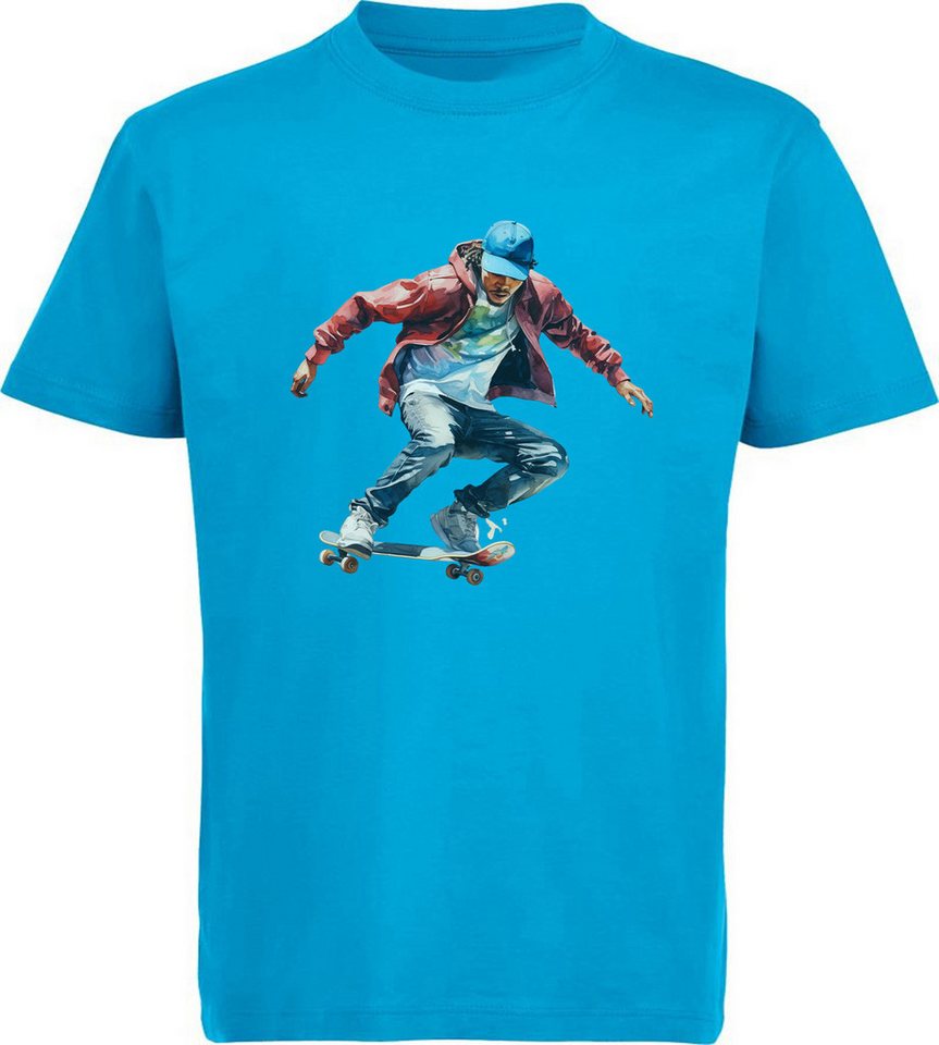 MyDesign24 T-Shirt Kinder Print Shirt Springende Skateboarder in Ölfarbenoptik Bedrucktes Jungen und Mädchen Skater T-Shirt, i554 von MyDesign24