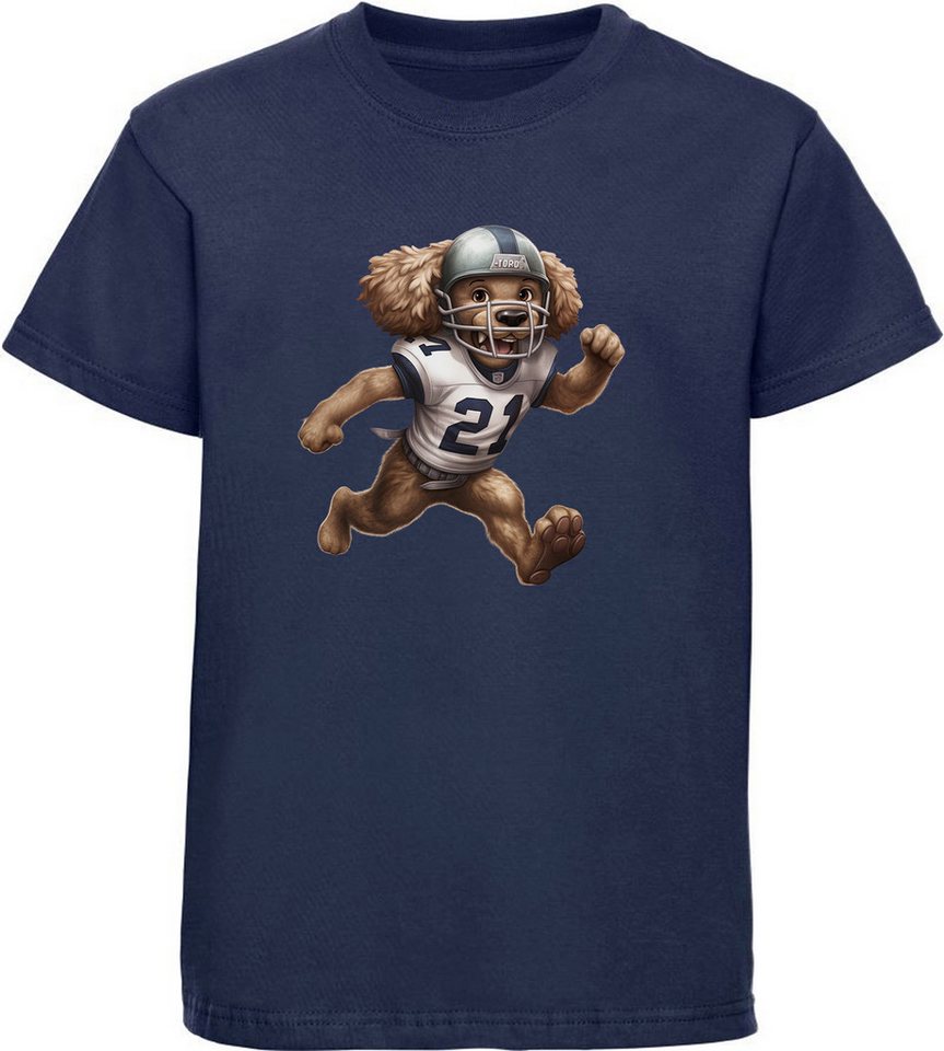 MyDesign24 T-Shirt Kinder Print Shirt rennender Hund im American Football Dress Bedrucktes Jungen und Mädchen American Football T-Shirt, i500 von MyDesign24