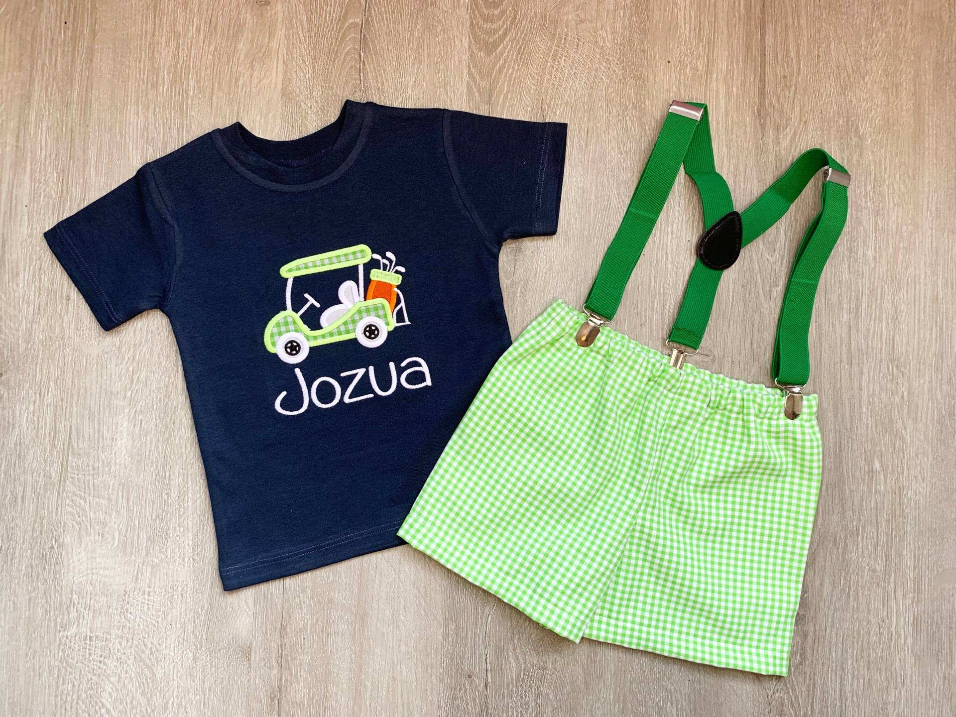 Golf Applikationen Shirt Und Shorts Für Baby Jungen, Boy Shirts, Gingham Shorts, Geburtstag Personalisierte Shirts von MyGlitterWorld