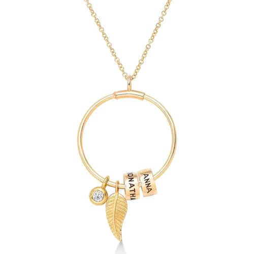 MyNameNecklace MYKA - Personalisierte Linda Kreisanhänger-Kette mit Blatt und Beads - Graviert Name Schmuck Geschenk für Damen - Mutter - Freundin (mit 0.1 ct Diamant: 417er Gold) von MyNameNecklace