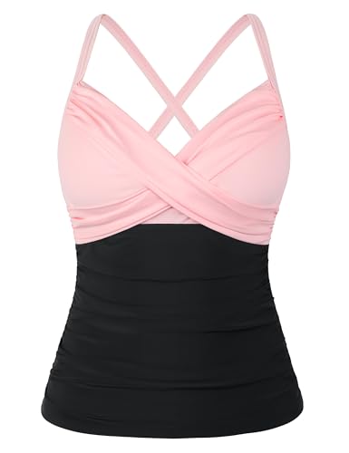 Mycoco Damen Bügel-Tankini-Oberteil Kreuz Vorne V-Ausschnitt Push Up Badeoberteil Rüschen Bauchkontrolle Badeanzug Tops, Pink/Schwarz, 42 von Mycoco