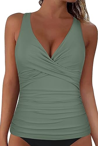 Mycoco Damen Bügel-Tankini-Top Twist V Ausschnitt Push Up Swim Top Rüschen Badeanzug Tops Only, Grün (Army Green), 40 von Mycoco