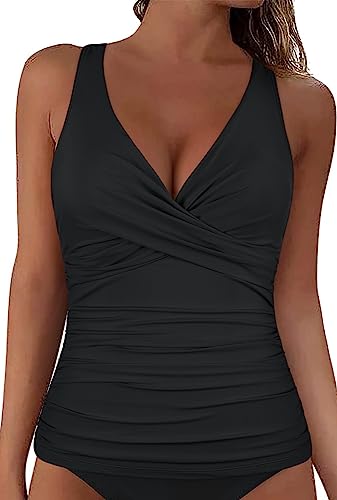 Mycoco Damen Bügel-Tankini-Top Twist V Ausschnitt Push Up Swim Top Rüschen Badeanzug Tops Only, Schwarz, 42 von Mycoco