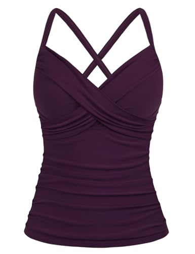 Mycoco Damen Bügel-Tankini-Top gekreuzt vorne V-Ausschnitt Push Up Badeoberteil geraffte Bauchkontrolle Badeanzug Tops, Dunkles Violett, 18 von Mycoco