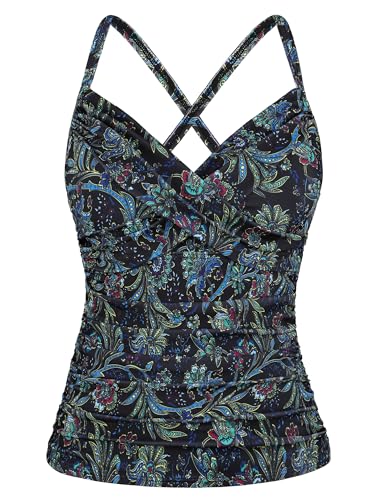 Mycoco Damen Bügel-Tankini-Top gekreuzt vorne V-Ausschnitt Push Up Badeoberteil geraffte Bauchkontrolle Badeanzug Tops, Schwarz-grün-Blumenmuster, 44 von Mycoco