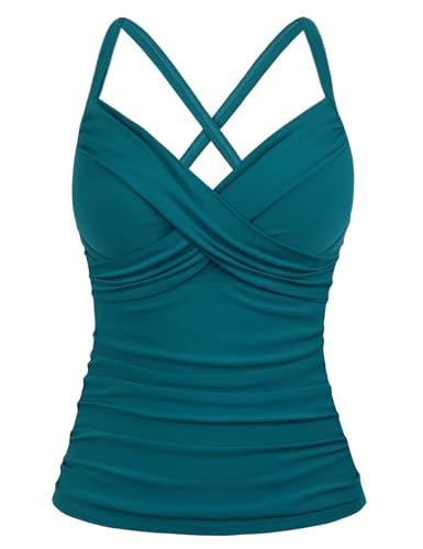 Mycoco Damen Bügel-Tankini-Top gekreuzt vorne V-Ausschnitt Push Up Badeoberteil geraffte Bauchkontrolle Badeanzug Tops, emailliert blau, 42 von Mycoco