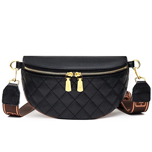 Myhozee Crossbody Bag Damen Breiter Gurt, Echt Leder Bauchtasche Damen stylisch Kleine Umhängetasche Gesteppte Taschen Schultertasche für Festival Reise Schwarz von Myhozee