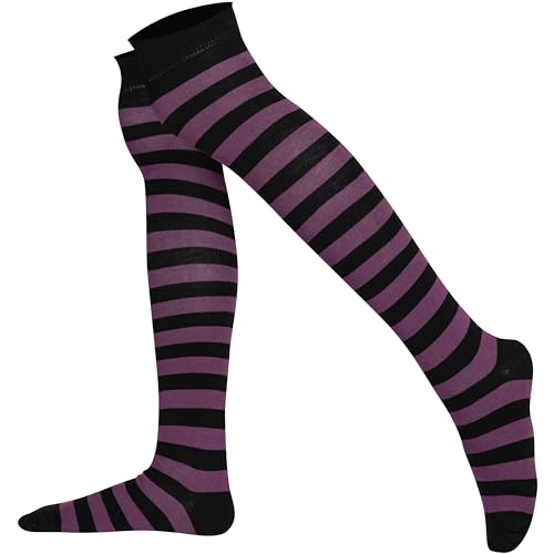 Mysocks Damen Überknie Kniestrümpfe Overknee-Strümpfe, Baumwolle Lange Gestreifte Socken, Streifen Lila Schwarz 38-43 von Mysocks