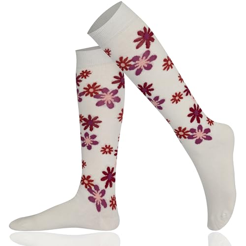 Mysocks Kniestrümpfe Blume Socken Weiße Basis Pink Lila Blumen von Mysocks