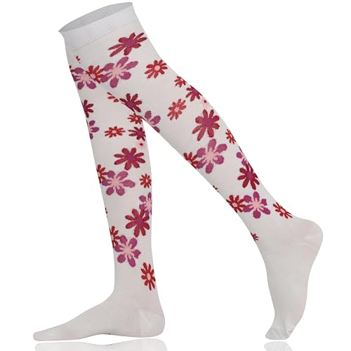 Mysocks Über das Knie Socken Blume Entwurf Sahne Burgund Magenta Blumen von Mysocks