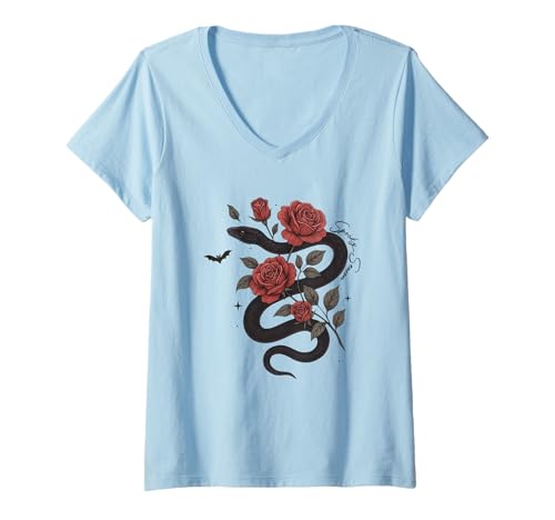 Damen Schlange und Rose mit Fledermaus, Gothic-Stil T-Shirt mit V-Ausschnitt Damen Schlange und Rose mit Fledermaus, Gothic-Stil T-Shirt mit V-Ausschnitt von Mystical Snake Rose Gothic Aesthetic