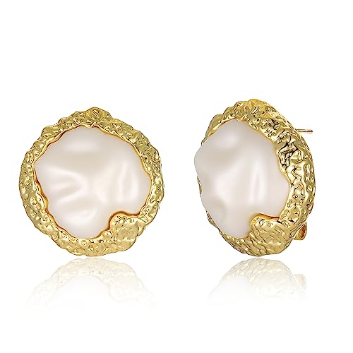 Mytys Pearl Stud Earrings for Women-Oval Shape 14K Gold Plated Stud Earring-Fashion Gold Hypoallergenic Earrings (Rund Gold 2) von Mytys