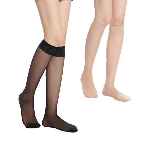 HA WA Damen Kniestrümpfe 9er Pack mit weichem Bund für Erwachsene Feinkniestrümpfe,20 Den Transparent Schwarz und Hautfarben von HA WA