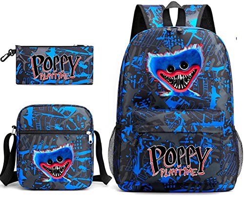 NA Poppy Playtime/Huggy Wuggy Rucksack 3-teiliges Set Anime Spiel 3D Gedruckt Dackel Monster Leinwand Schultasche Schüler Kinder Laptop Rucksäcke Schultertasche, 32*13*45cm, Blau, mk-1 von Artist Unknown